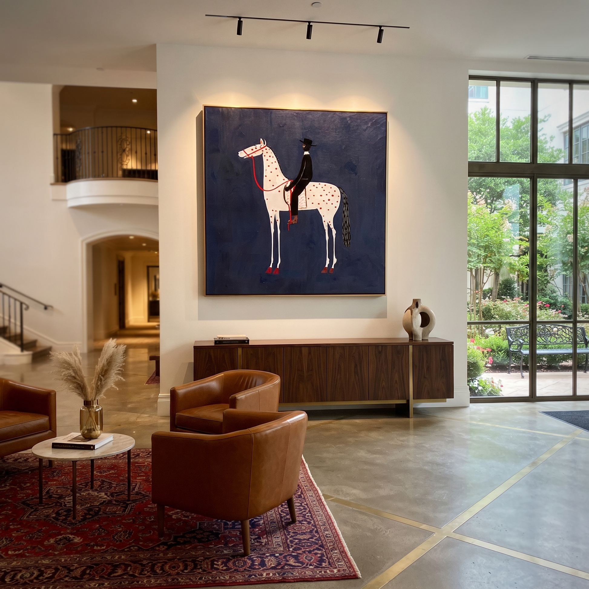 Red Dapples Meet Night - spotted white horse painting by Isabelle Laurent, modern Western square wall art – styled room scene view 1