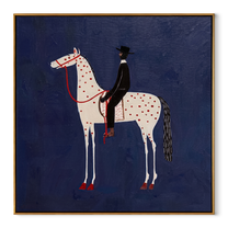 Red Dapples Meet Night - spotted white horse painting by Isabelle Laurent, modern Western square wall art – wood frame on white background