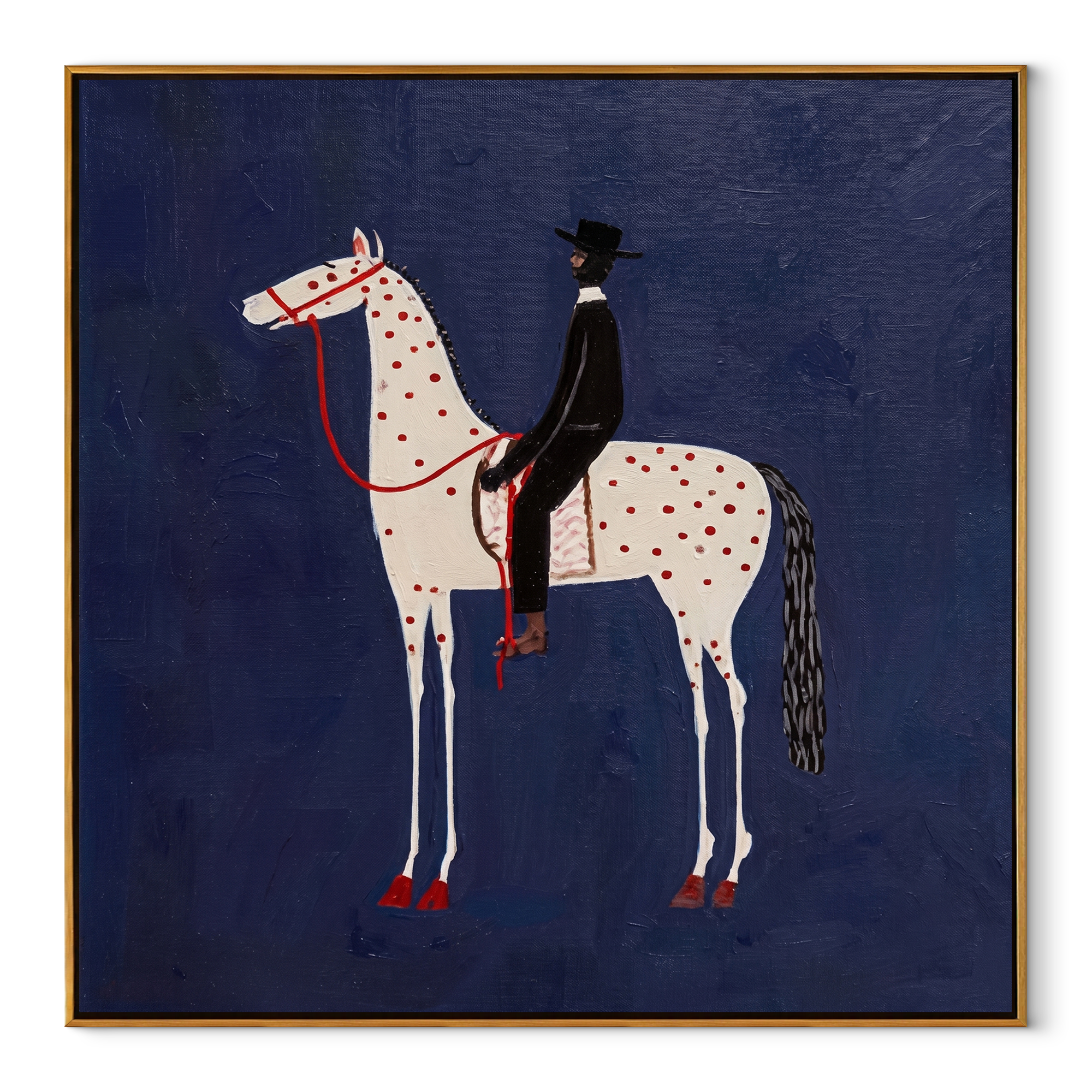 Red Dapples Meet Night - spotted white horse painting by Isabelle Laurent, modern Western square wall art – wood frame on white background