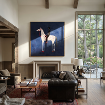 Red Dapples Meet Night - spotted white horse painting by Isabelle Laurent, modern Western square wall art – styled room scene view 2
