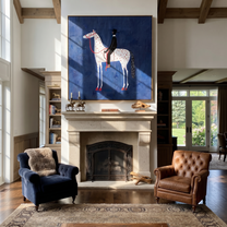Red Dapples Meet Night - spotted white horse painting by Isabelle Laurent, modern Western square wall art – styled room scene view 3
