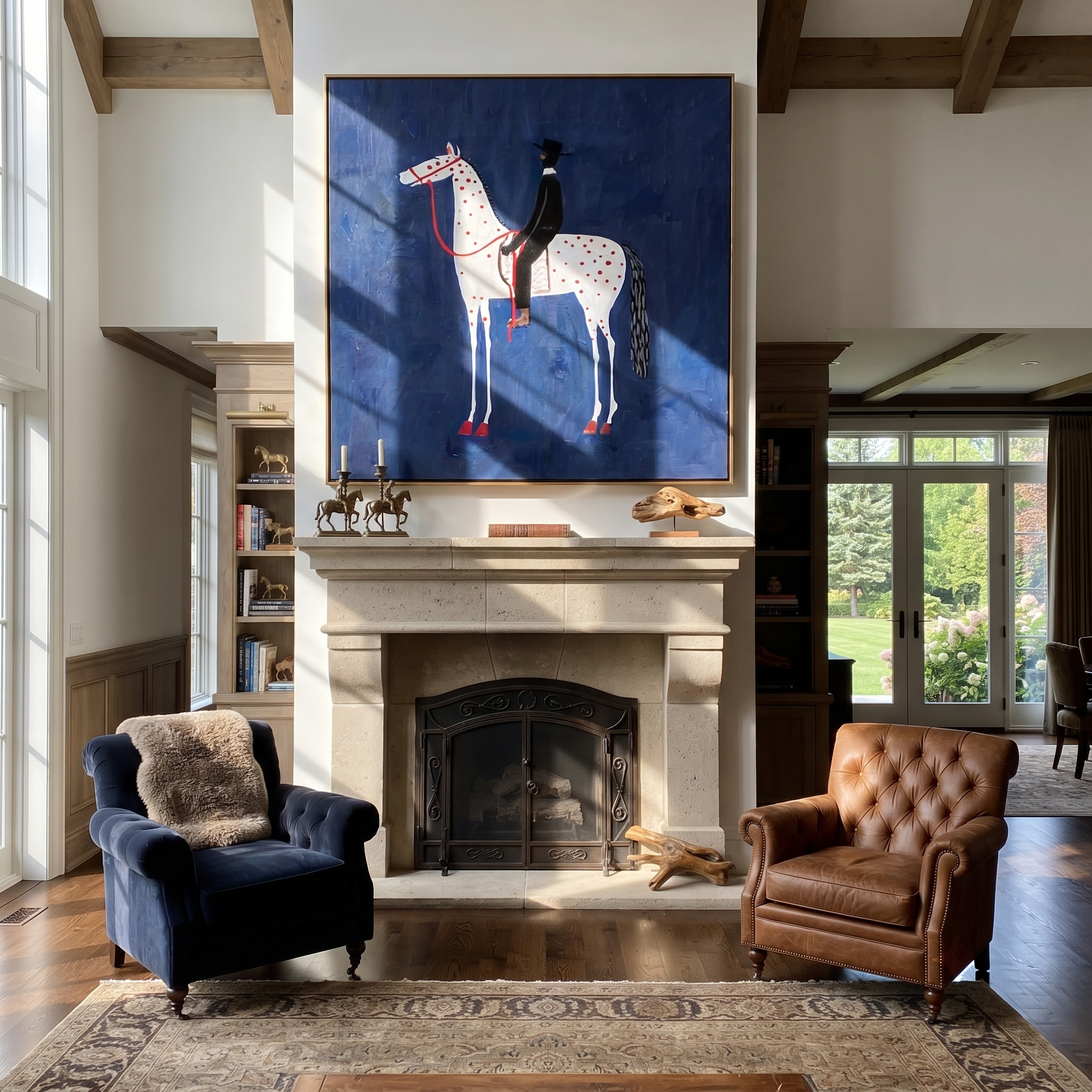 Red Dapples Meet Night - spotted white horse painting by Isabelle Laurent, modern Western square wall art – styled room scene view 3