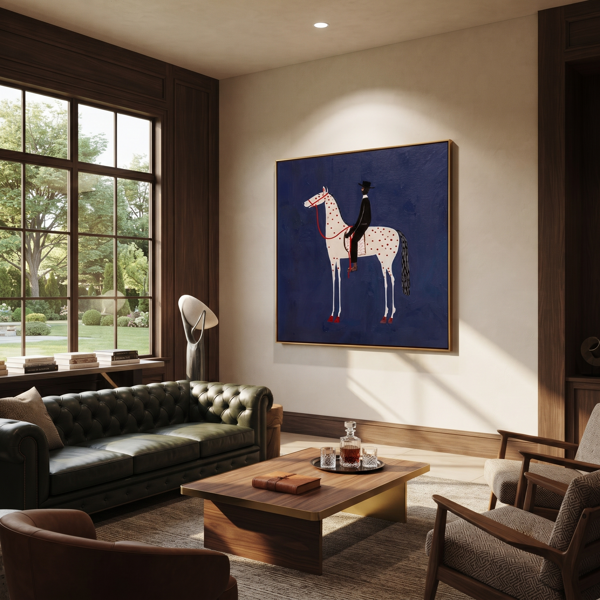 Red Dapples Meet Night - spotted white horse painting by Isabelle Laurent, modern Western square wall art – styled room scene view 4