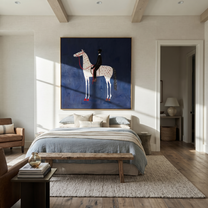 Red Dapples Meet Night - spotted white horse painting by Isabelle Laurent, modern Western square wall art – styled room scene view 5