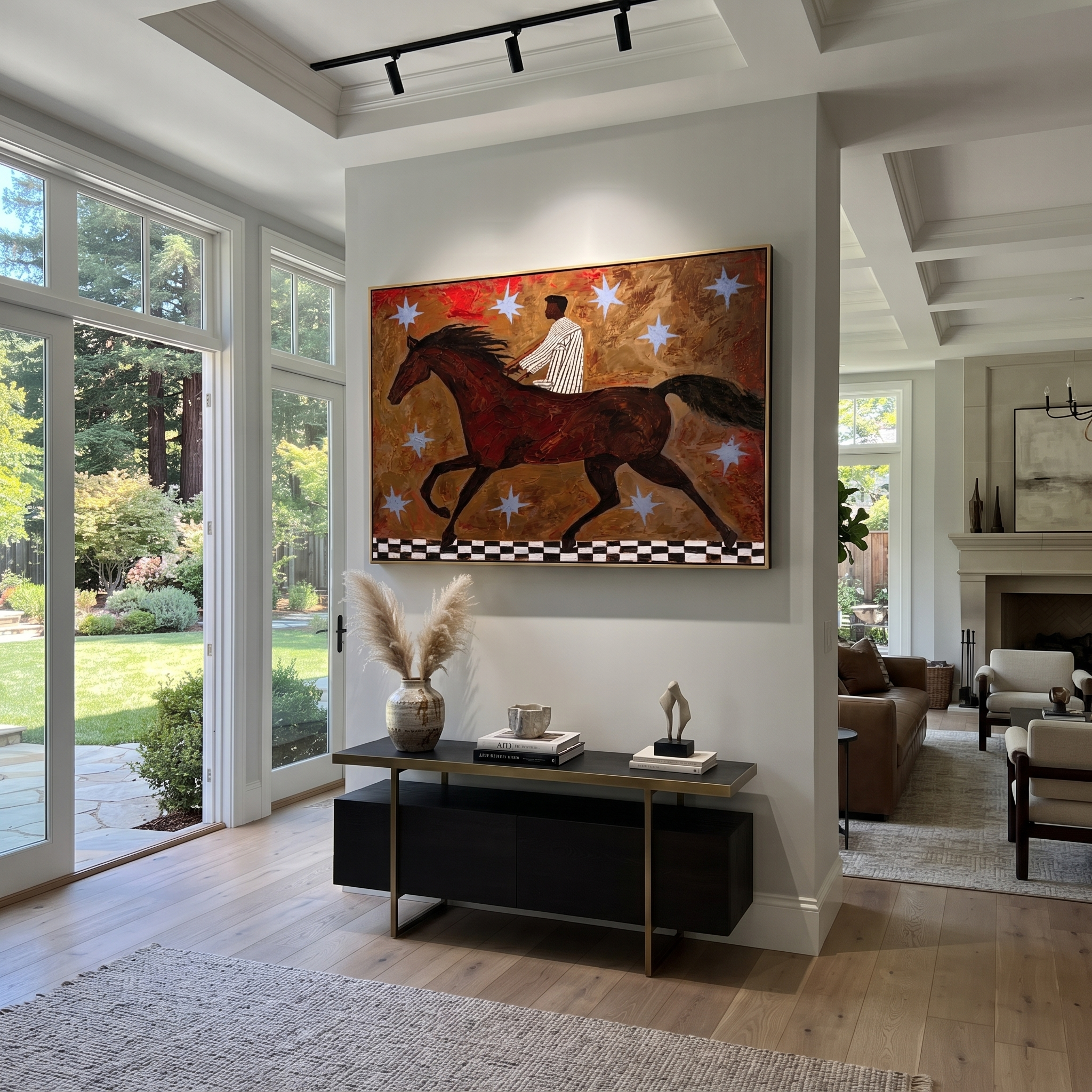 Striped Rider Chases Stars - running horse rider painting by Isabelle Laurent, modern Western horizontal wall art – styled room scene view 1