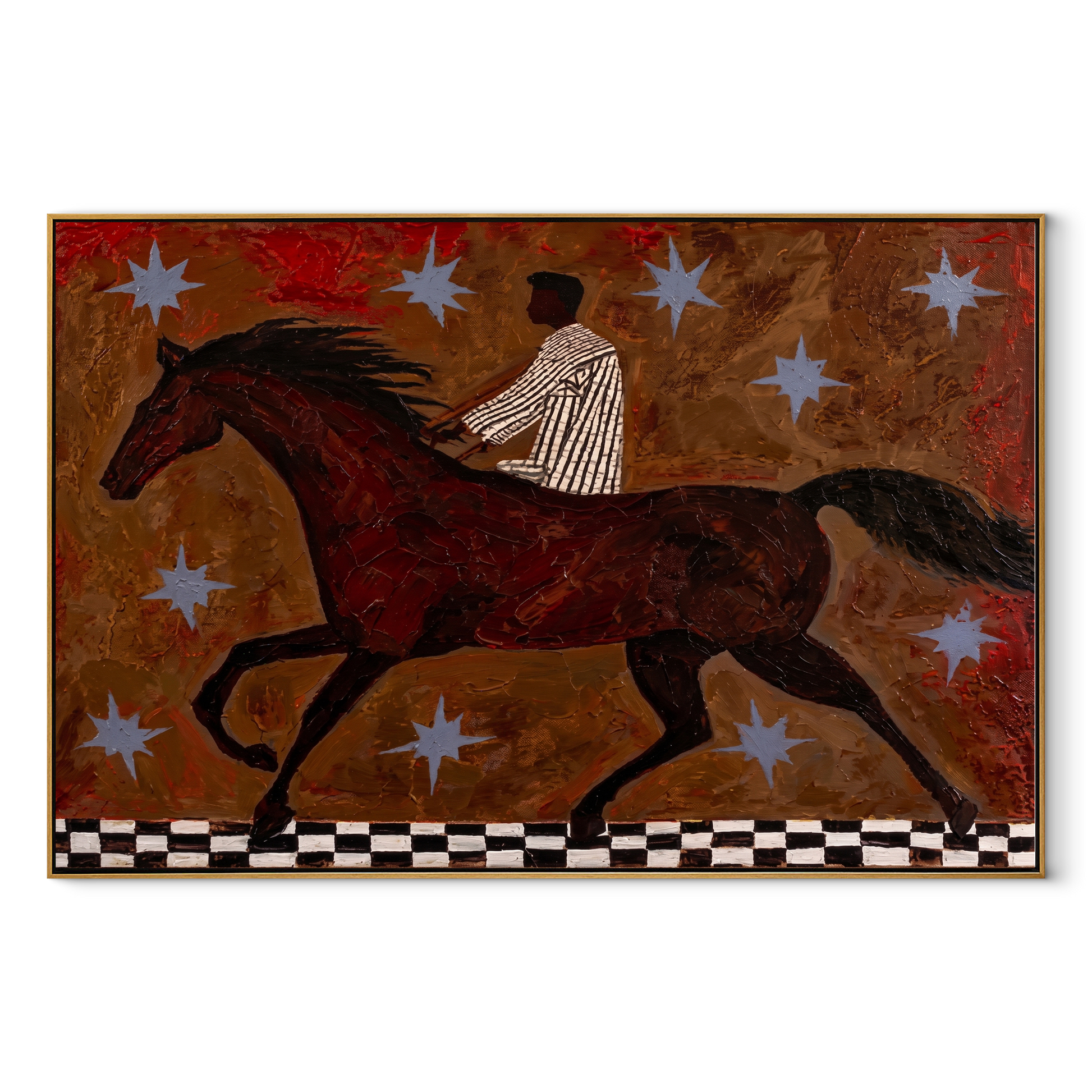 Striped Rider Chases Stars - running horse rider painting by Isabelle Laurent, modern Western horizontal wall art – wood frame on white background