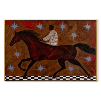 Striped Rider Chases Stars - running horse rider painting by Isabelle Laurent, modern Western horizontal wall art – wood frame on white background