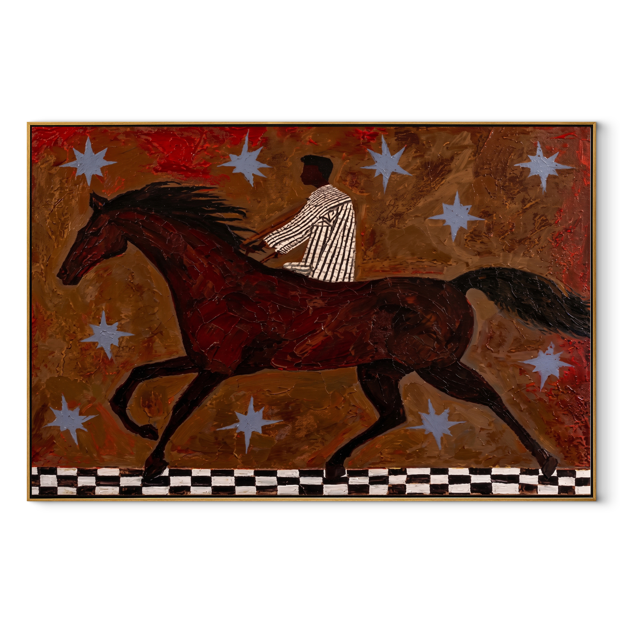 Striped Rider Chases Stars - running horse rider painting by Isabelle Laurent, modern Western horizontal wall art – wood frame on white background