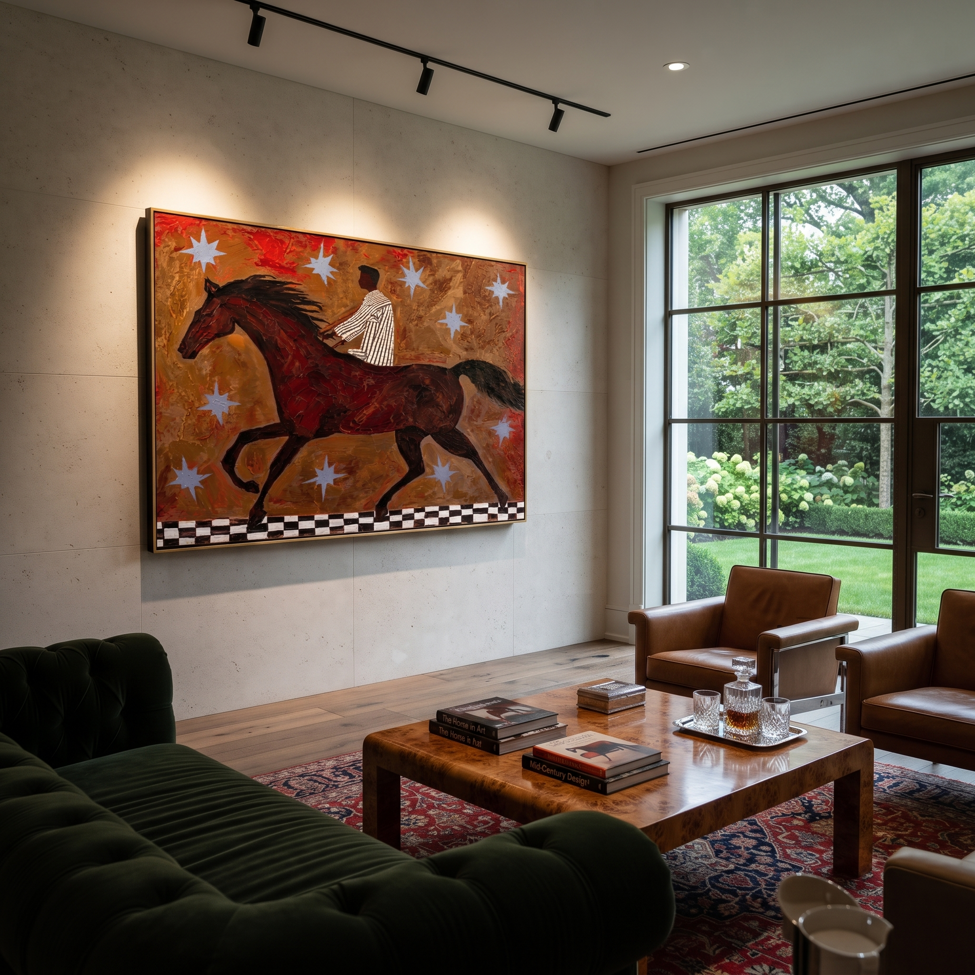 Striped Rider Chases Stars - running horse rider painting by Isabelle Laurent, modern Western horizontal wall art – styled room scene view 2