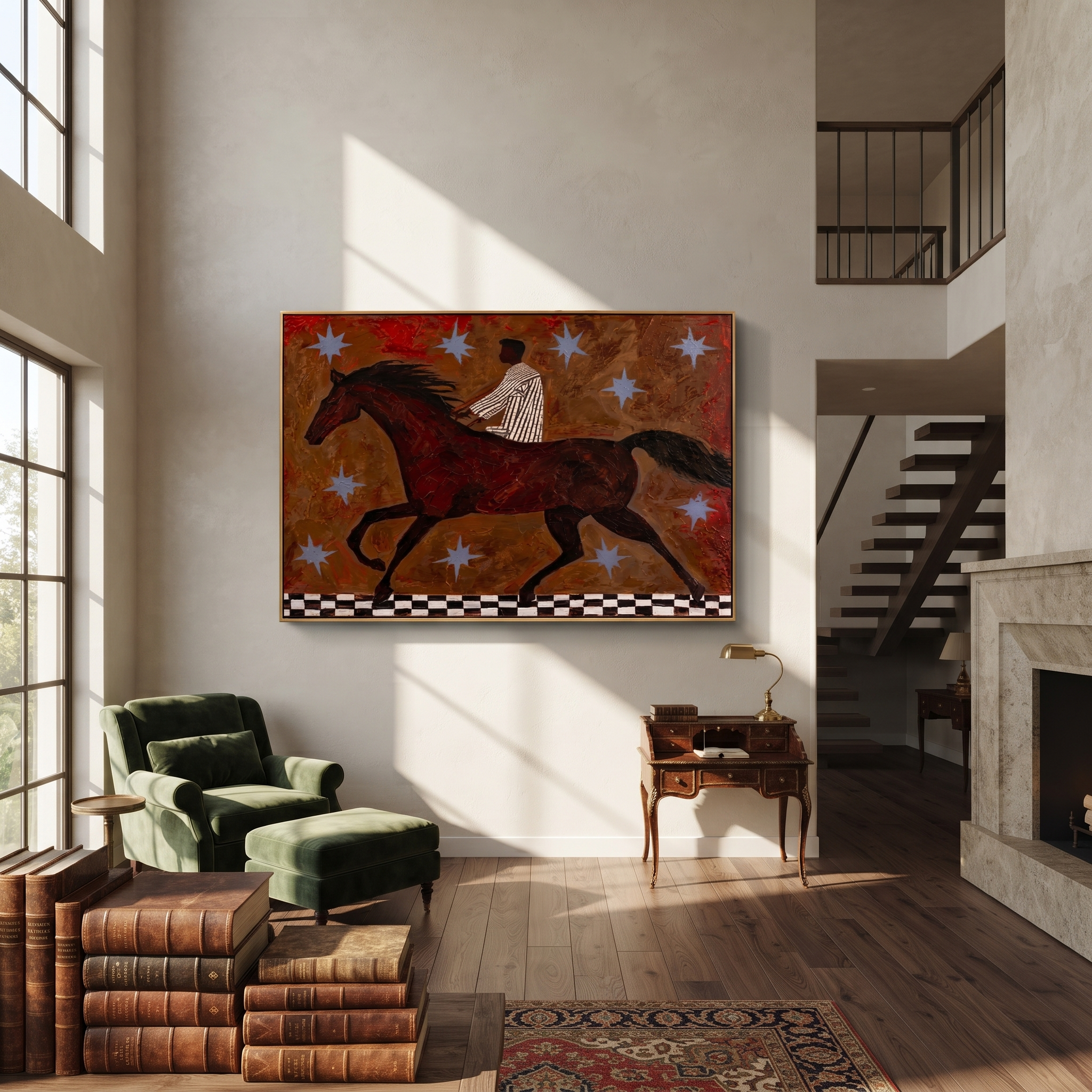 Striped Rider Chases Stars - running horse rider painting by Isabelle Laurent, modern Western horizontal wall art – styled room scene view 3