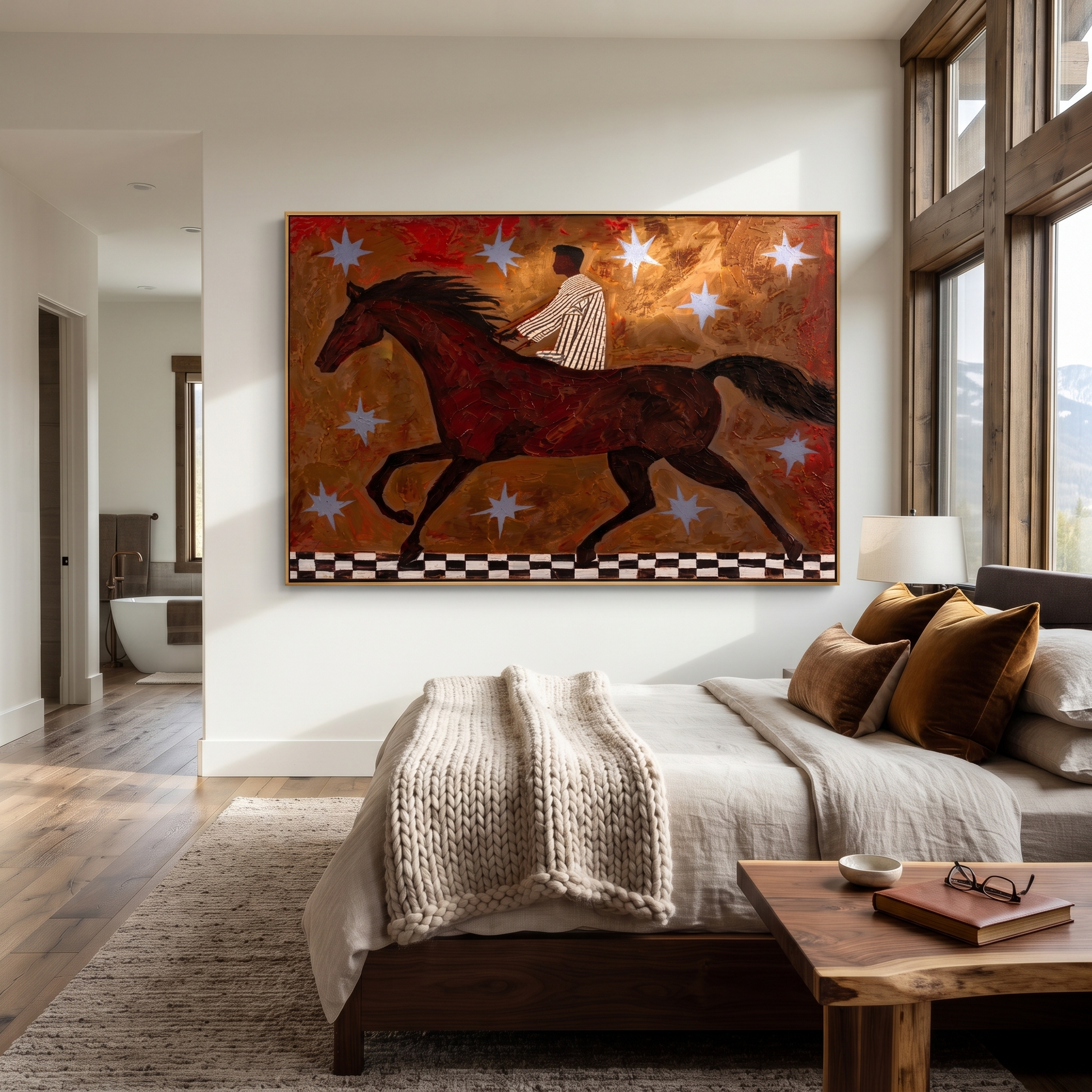 Striped Rider Chases Stars - running horse rider painting by Isabelle Laurent, modern Western horizontal wall art – styled room scene view 4