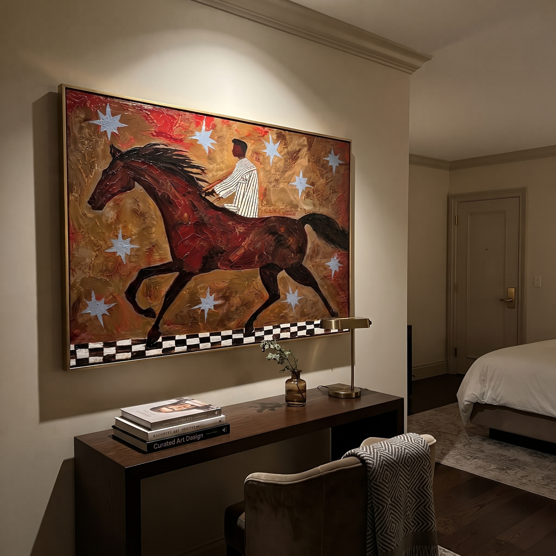 Striped Rider Chases Stars - running horse rider painting by Isabelle Laurent, modern Western horizontal wall art – styled room scene view 5
