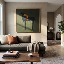 Orange Figure Leans Midnight - black horse figure painting by Isabelle Laurent, modern Western square wall art – styled room scene view 1