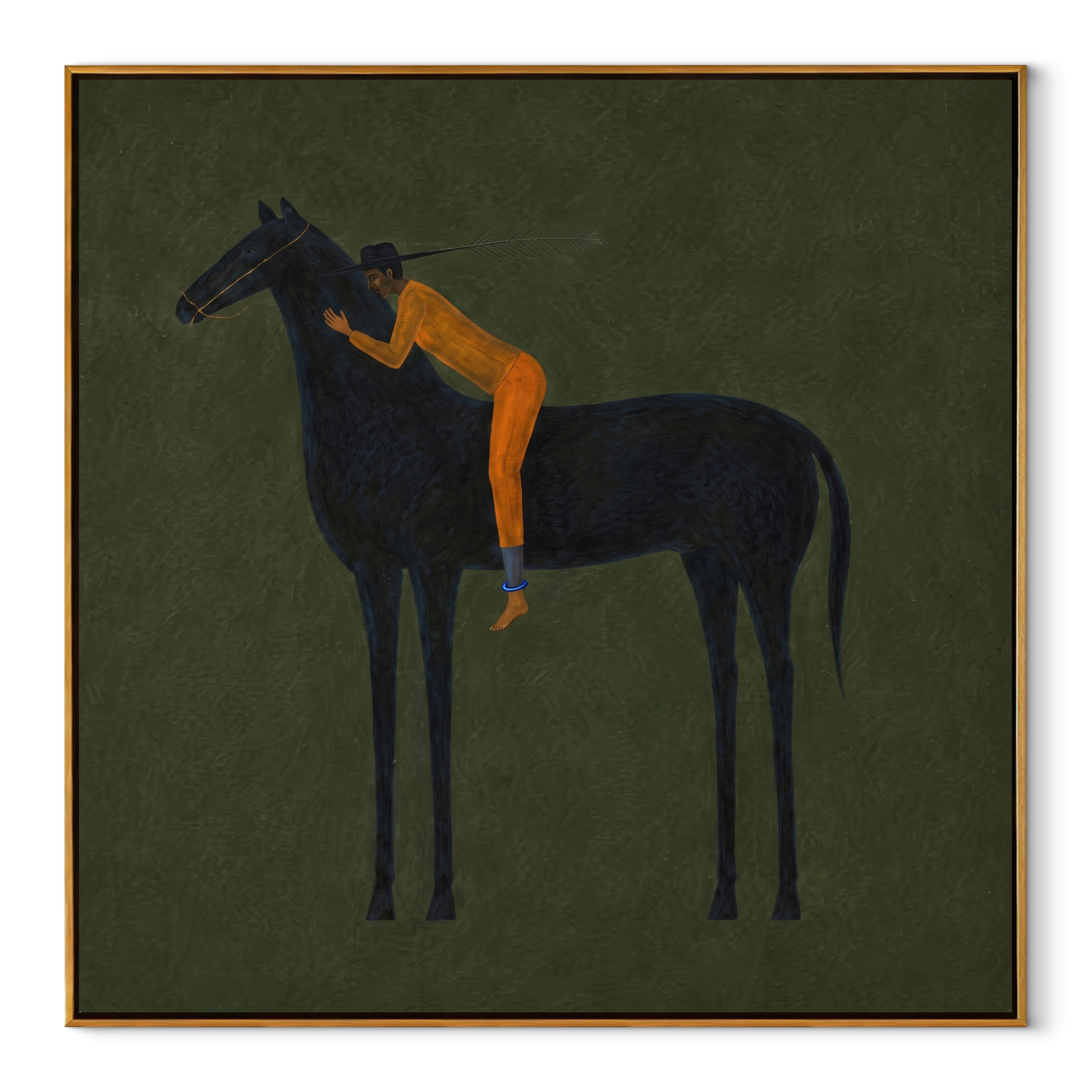 Orange Figure Leans Midnight - black horse figure painting by Isabelle Laurent, modern Western square wall art – wood frame on white background