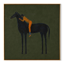 Orange Figure Leans Midnight - black horse figure painting by Isabelle Laurent, modern Western square wall art – wood frame on white background