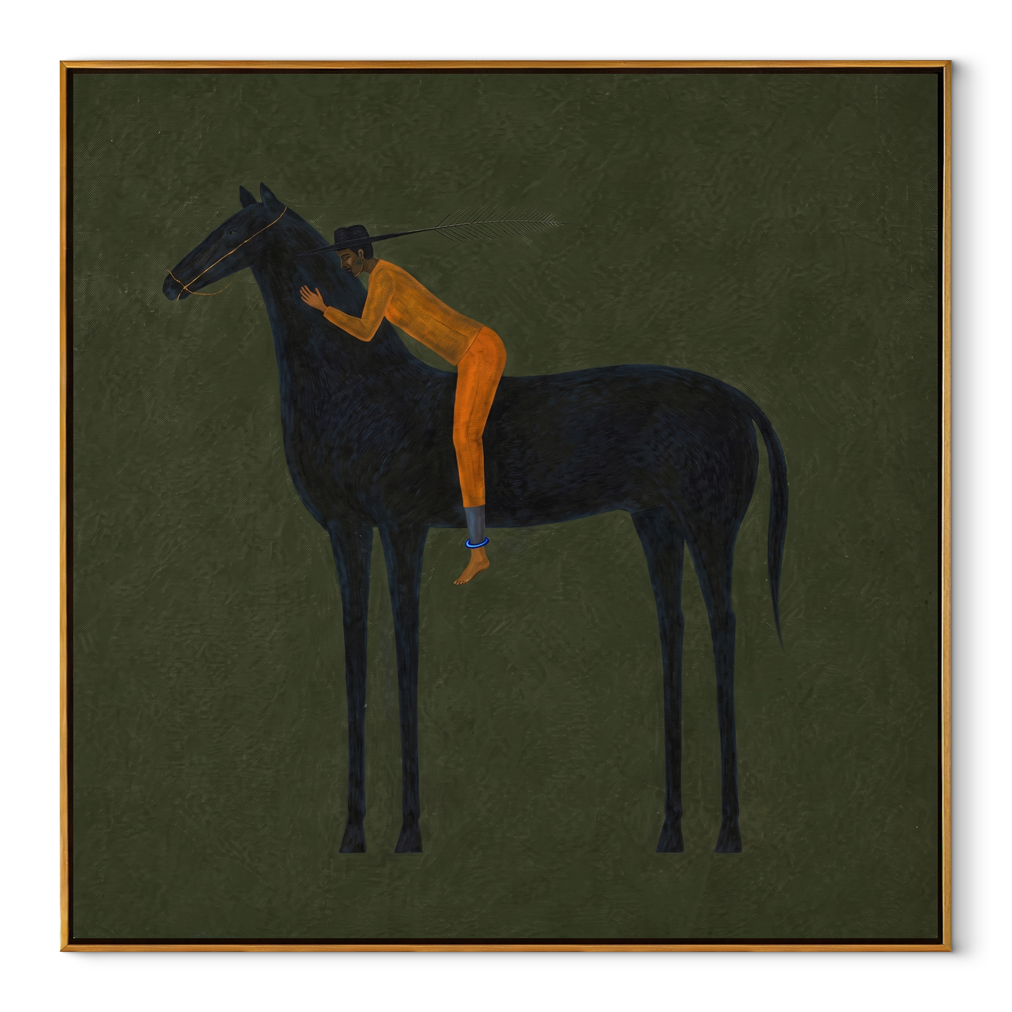 Orange Figure Leans Midnight - black horse figure painting by Isabelle Laurent, modern Western square wall art – wood frame on white background