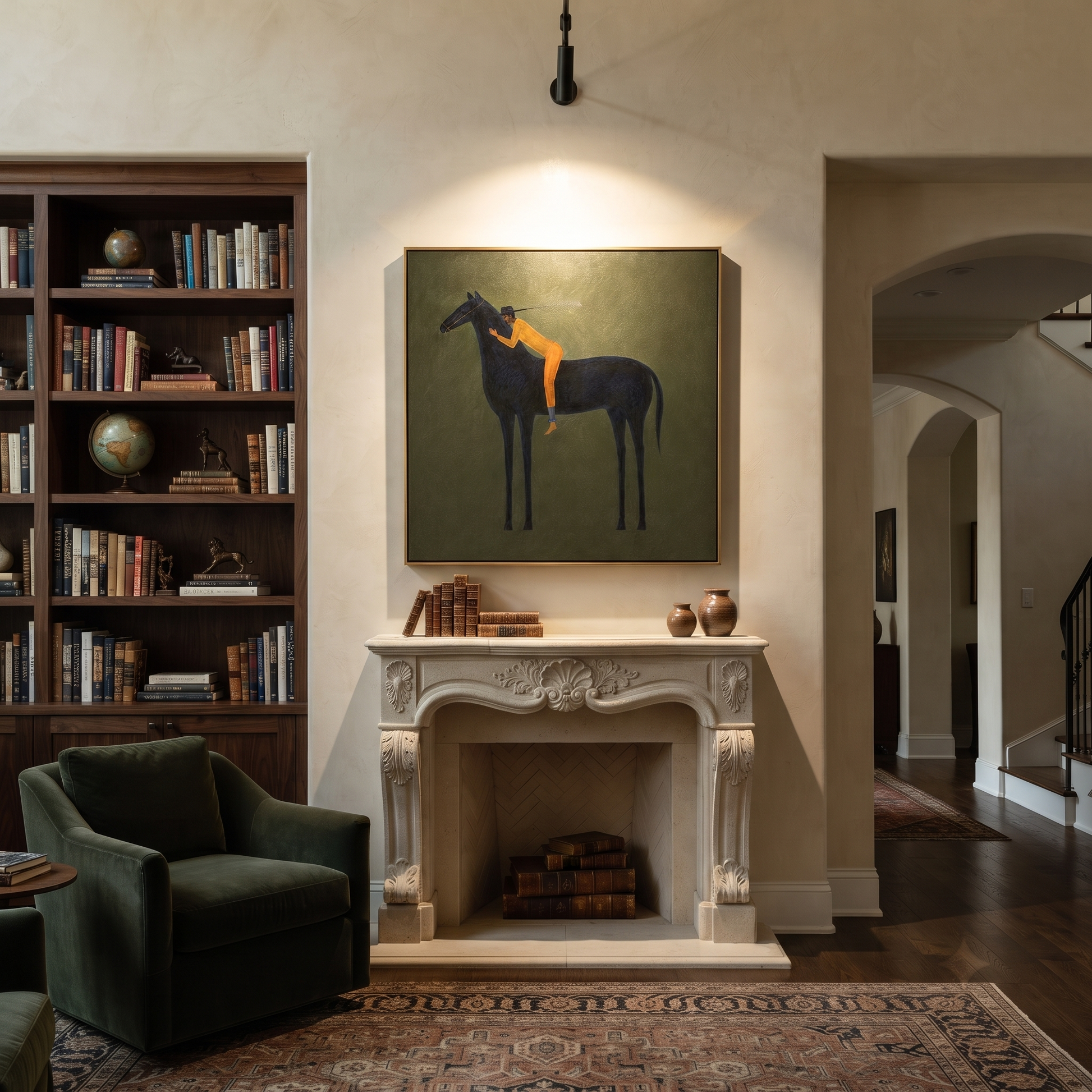 Orange Figure Leans Midnight - black horse figure painting by Isabelle Laurent, modern Western square wall art – styled room scene view 2