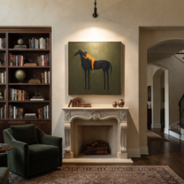 Orange Figure Leans Midnight - black horse figure painting by Isabelle Laurent, modern Western square wall art – styled room scene view 2