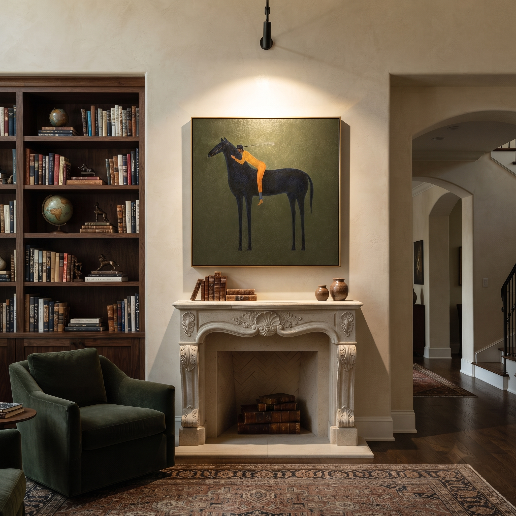 Orange Figure Leans Midnight - black horse figure painting by Isabelle Laurent, modern Western square wall art – styled room scene view 2