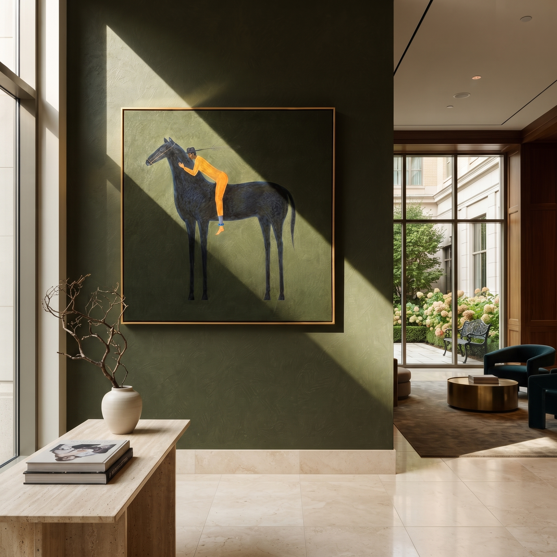 Orange Figure Leans Midnight - black horse figure painting by Isabelle Laurent, modern Western square wall art – styled room scene view 3