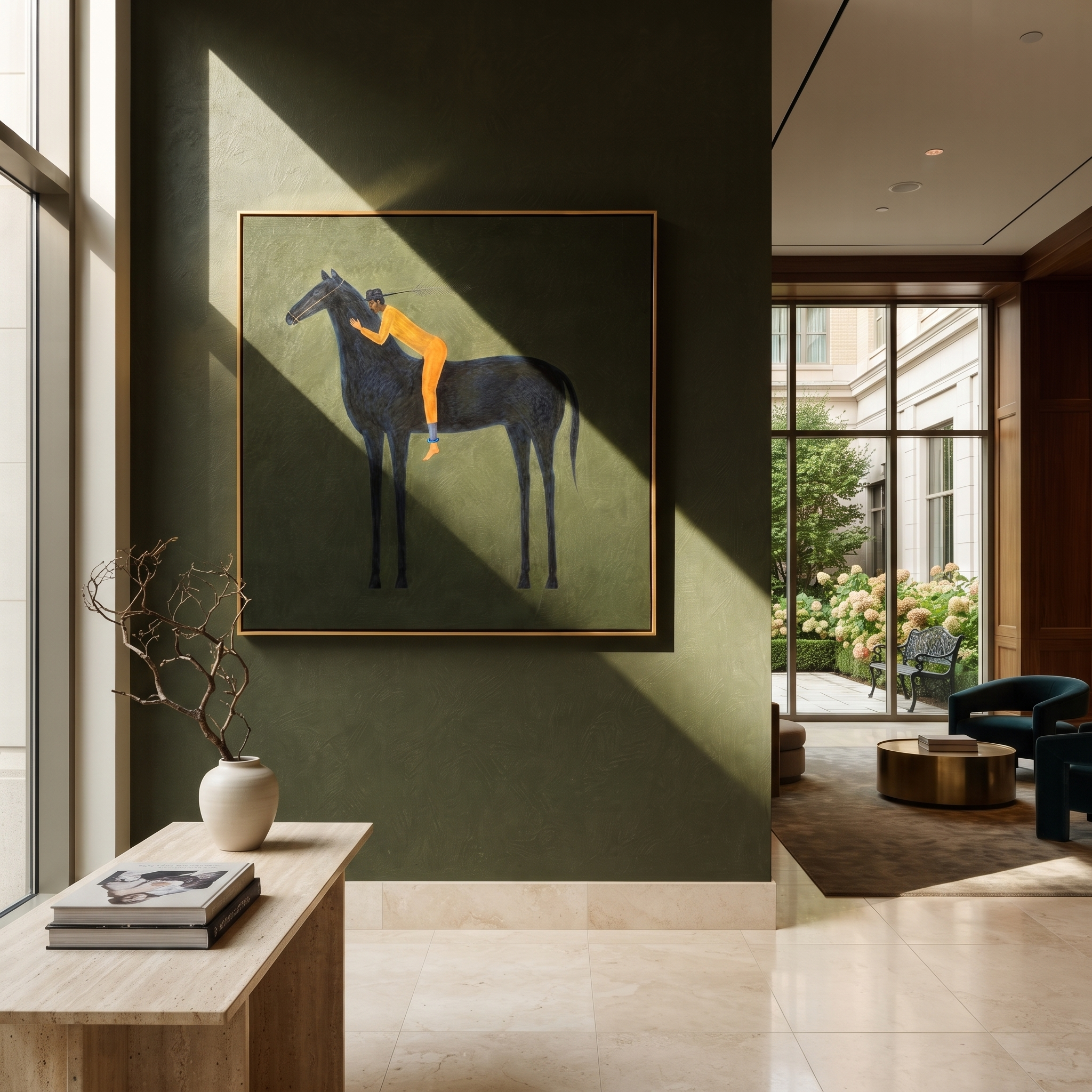 Orange Figure Leans Midnight - black horse figure painting by Isabelle Laurent, modern Western square wall art – styled room scene view 3