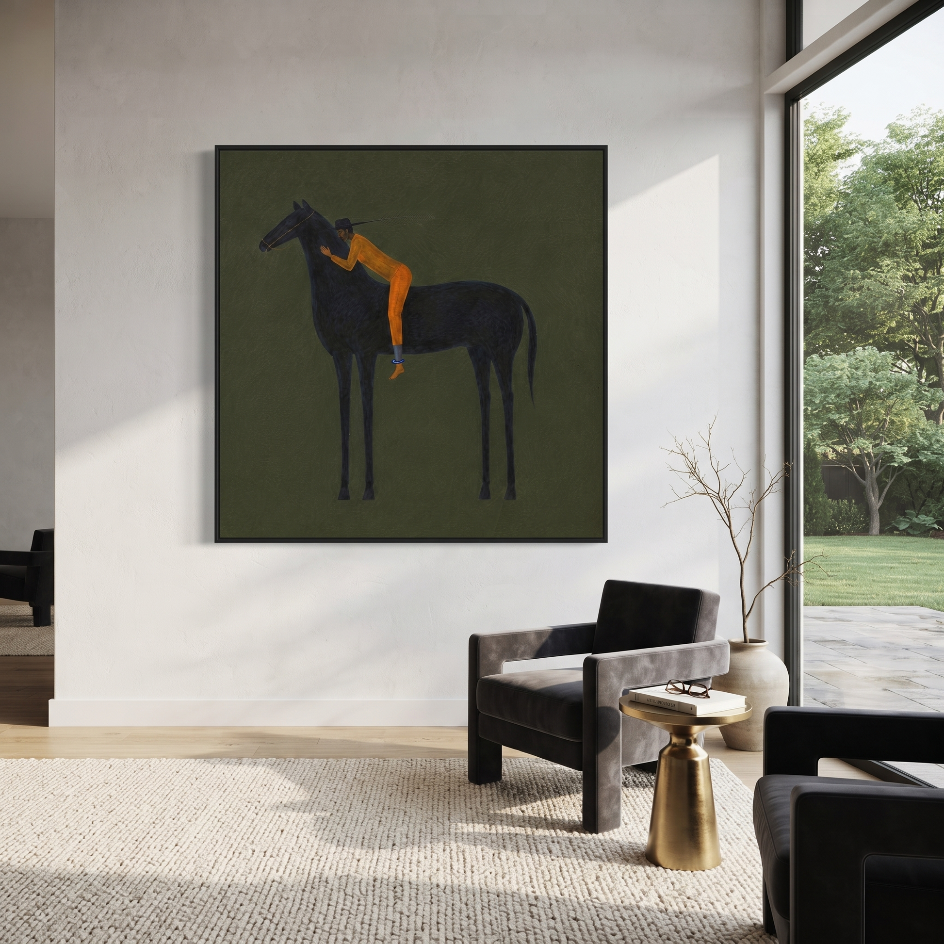 Orange Figure Leans Midnight - black horse figure painting by Isabelle Laurent, modern Western square wall art – styled room scene view 4