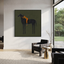 Orange Figure Leans Midnight - black horse figure painting by Isabelle Laurent, modern Western square wall art – styled room scene view 4