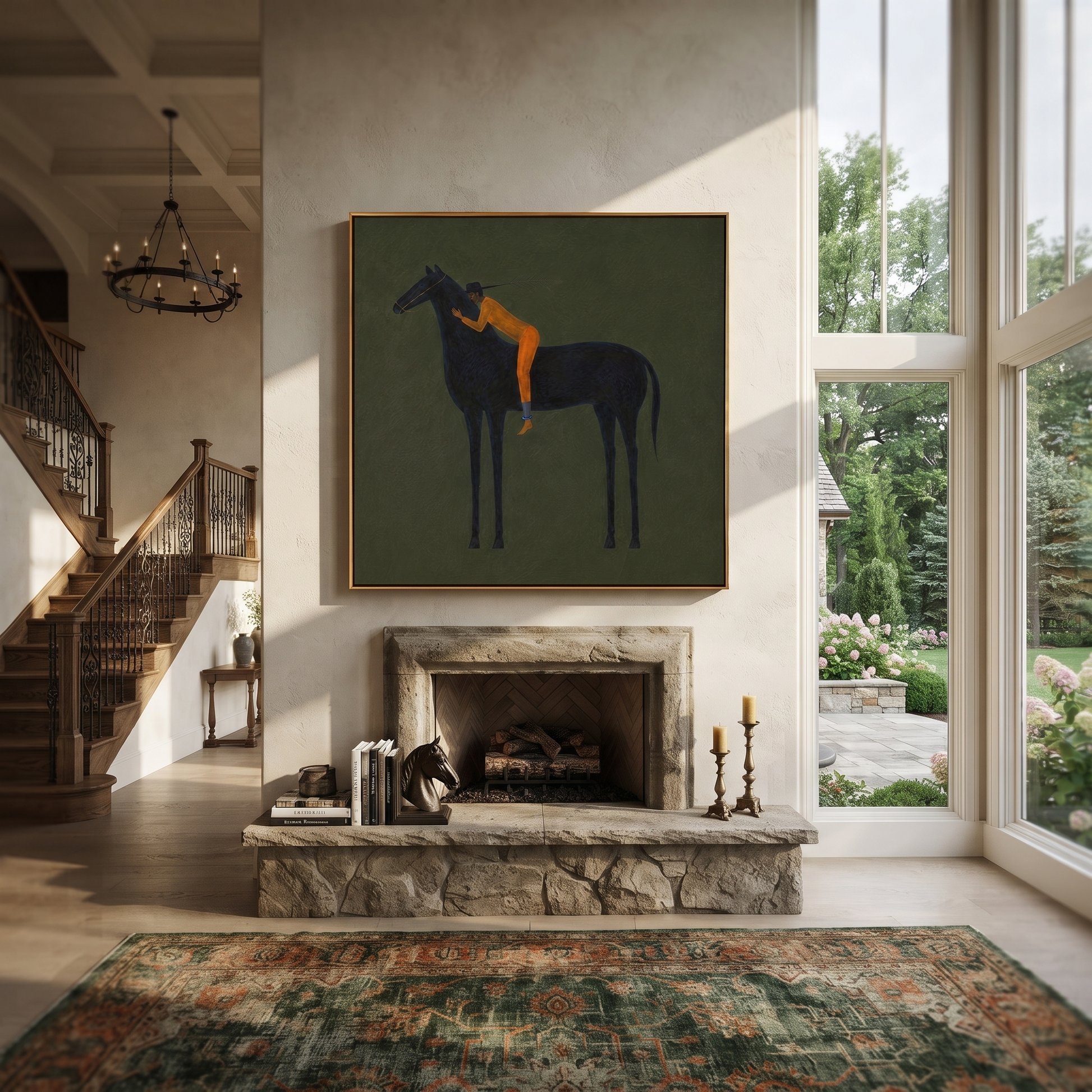 Orange Figure Leans Midnight - black horse figure painting by Isabelle Laurent, modern Western square wall art – styled room scene view 5