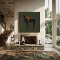 Orange Figure Leans Midnight - black horse figure painting by Isabelle Laurent, modern Western square wall art – styled room scene view 5