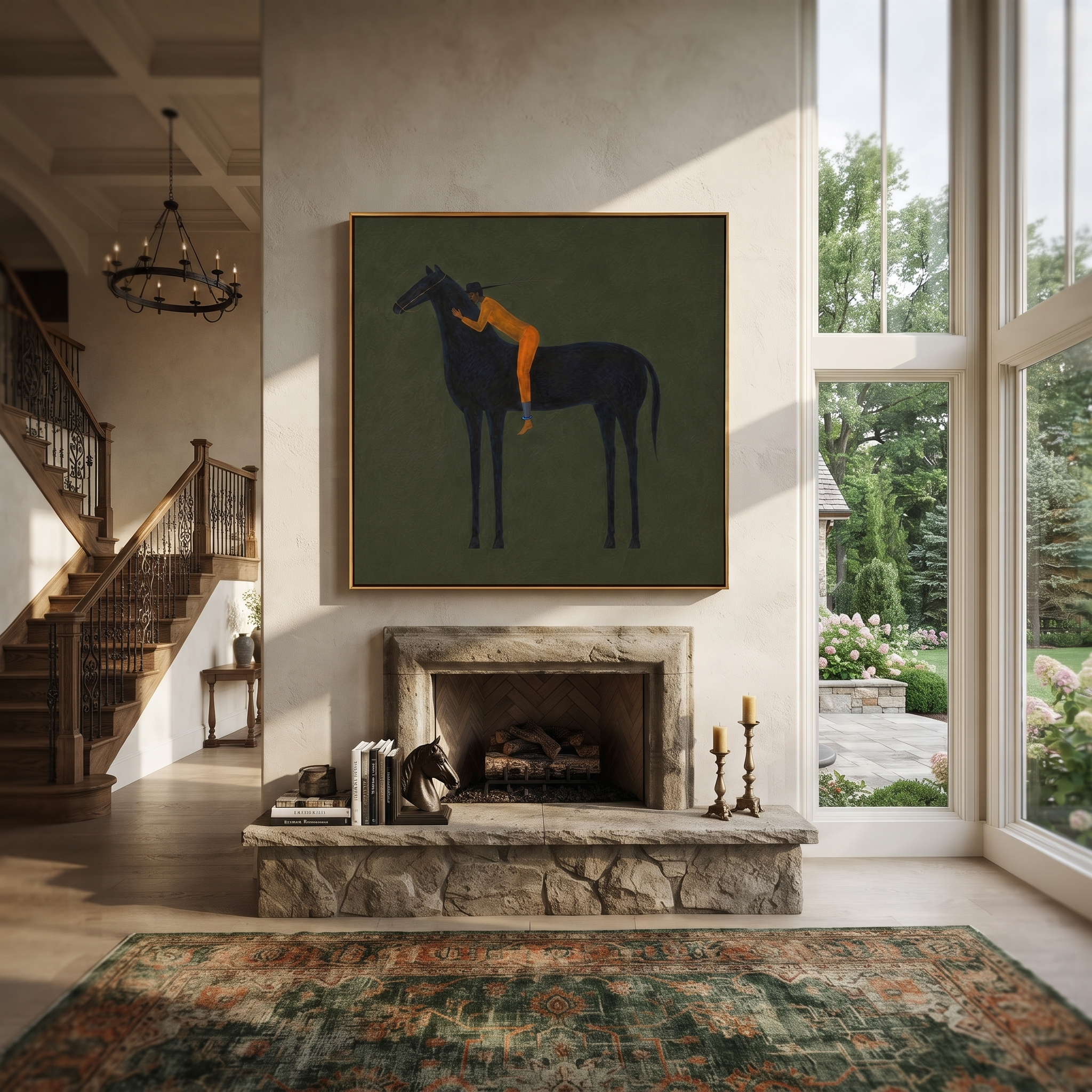 Orange Figure Leans Midnight - black horse figure painting by Isabelle Laurent, modern Western square wall art – styled room scene view 5