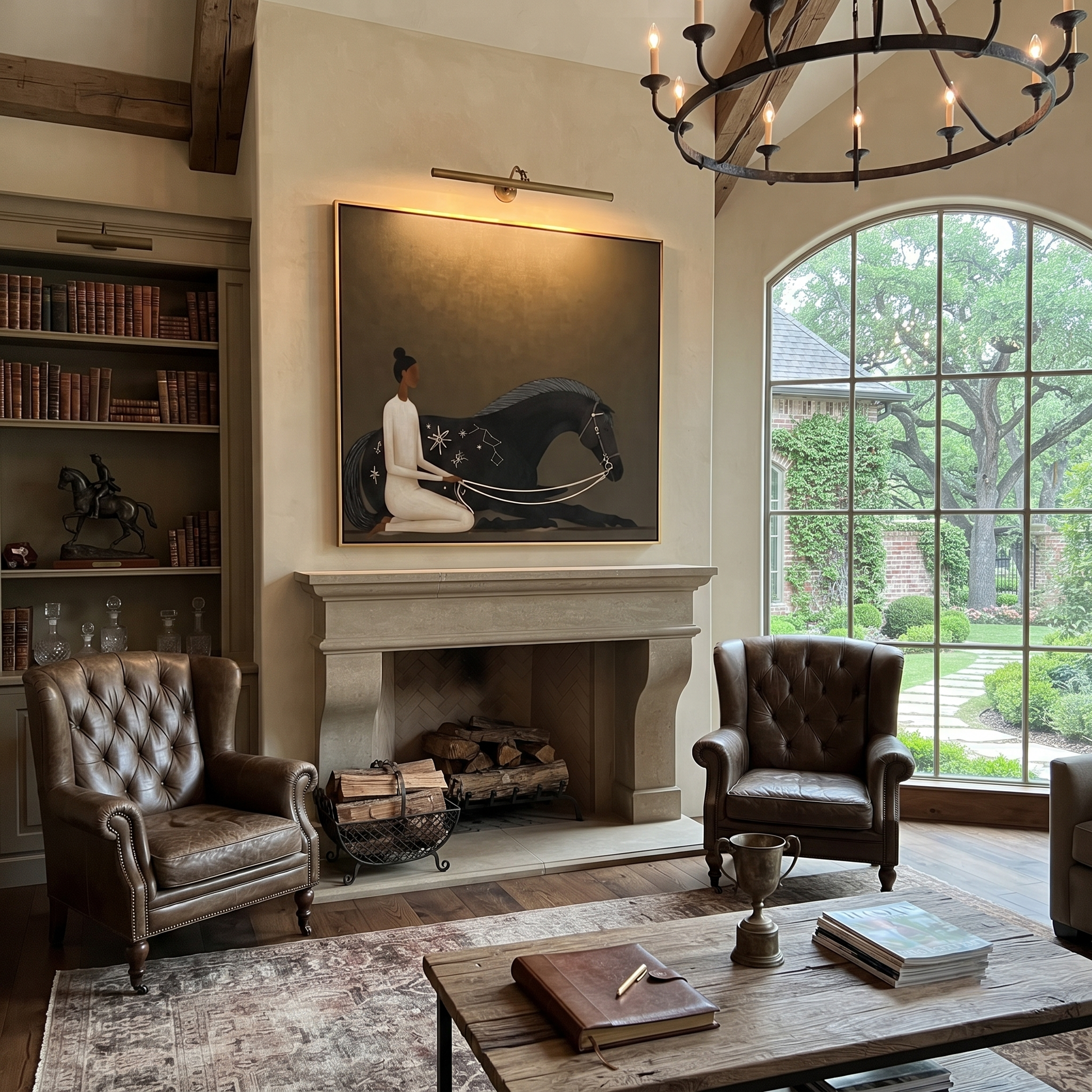 Constellations Rest on Black - black horse woman painting by Isabelle Laurent, modern Western square wall art – styled room scene view 1
