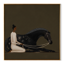Constellations Rest on Black - black horse woman painting by Isabelle Laurent, modern Western square wall art – wood frame on white background