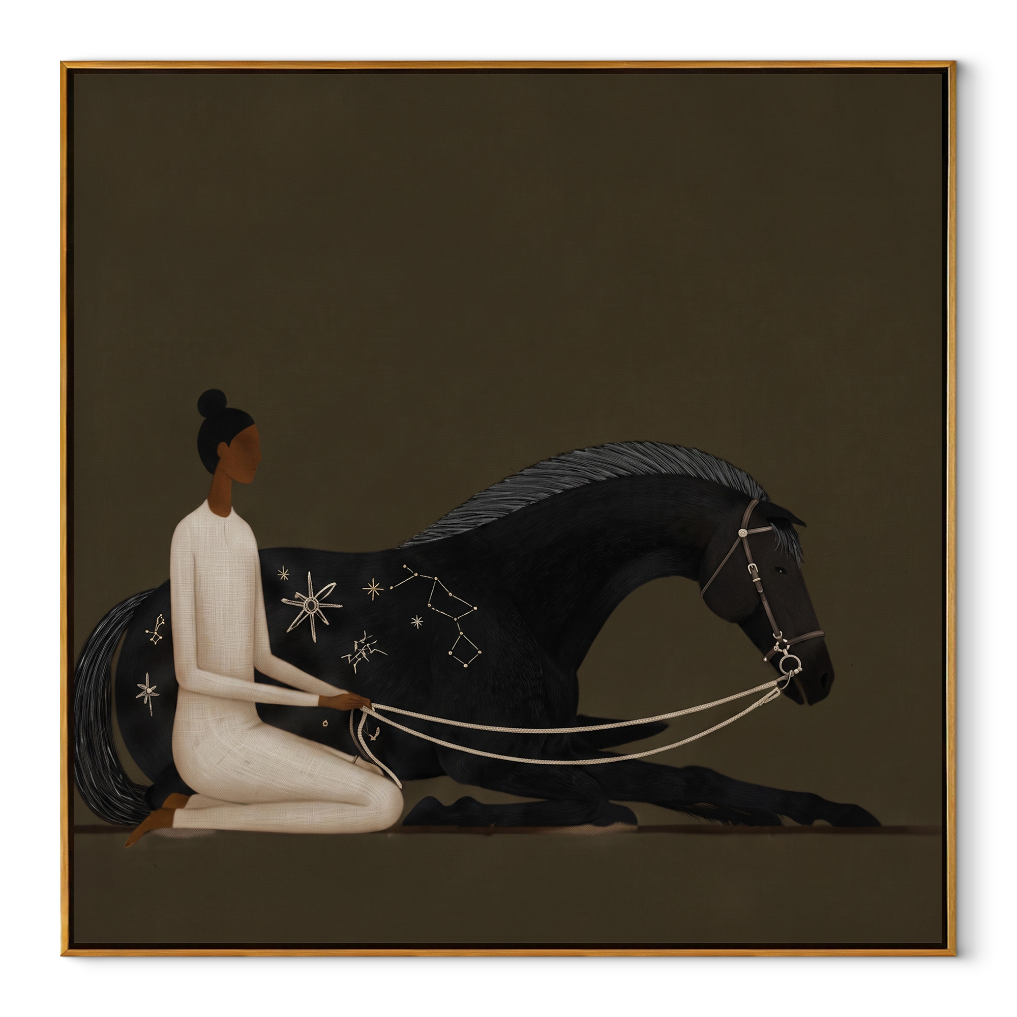Constellations Rest on Black - black horse woman painting by Isabelle Laurent, modern Western square wall art – wood frame on white background