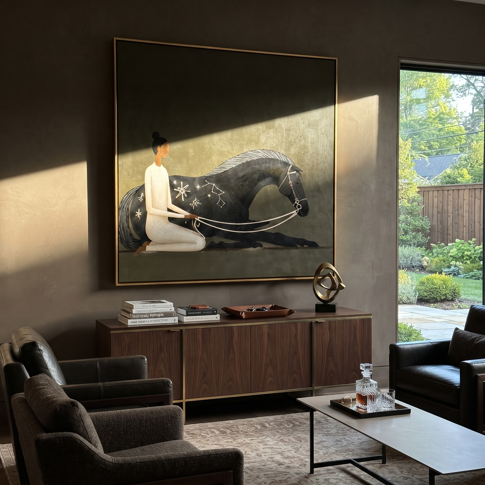 Constellations Rest on Black - black horse woman painting by Isabelle Laurent, modern Western square wall art – styled room scene view 2