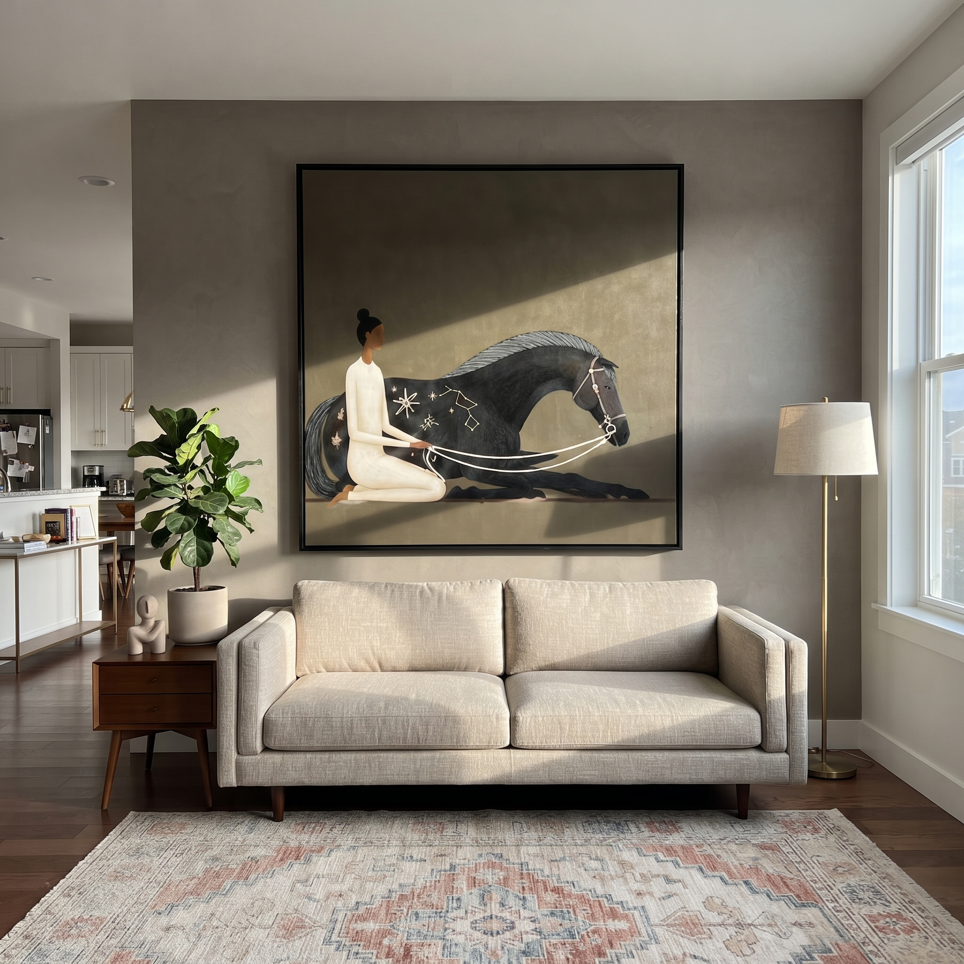 Constellations Rest on Black - black horse woman painting by Isabelle Laurent, modern Western square wall art – styled room scene view 3