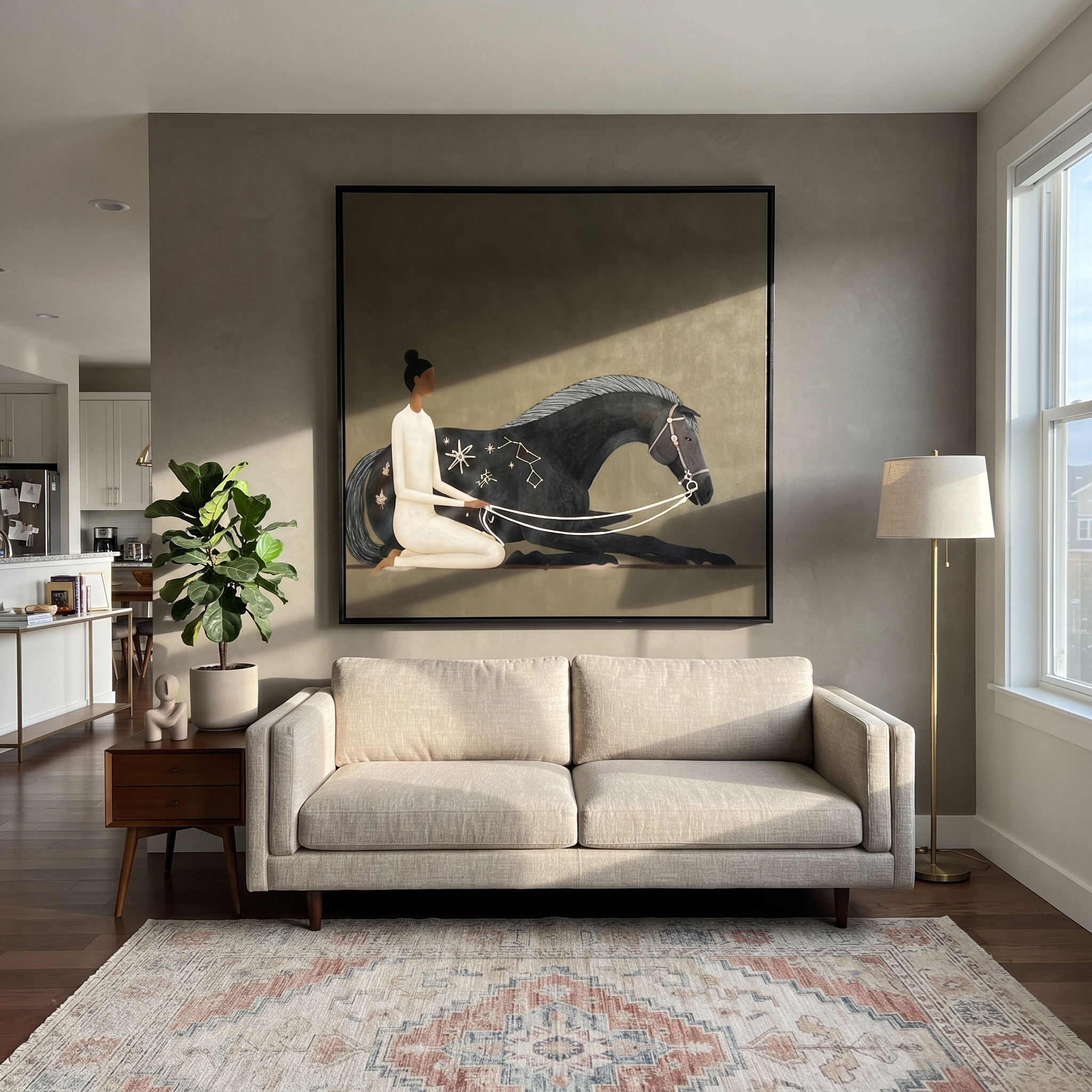 Constellations Rest on Black - black horse woman painting by Isabelle Laurent, modern Western square wall art – styled room scene view 3