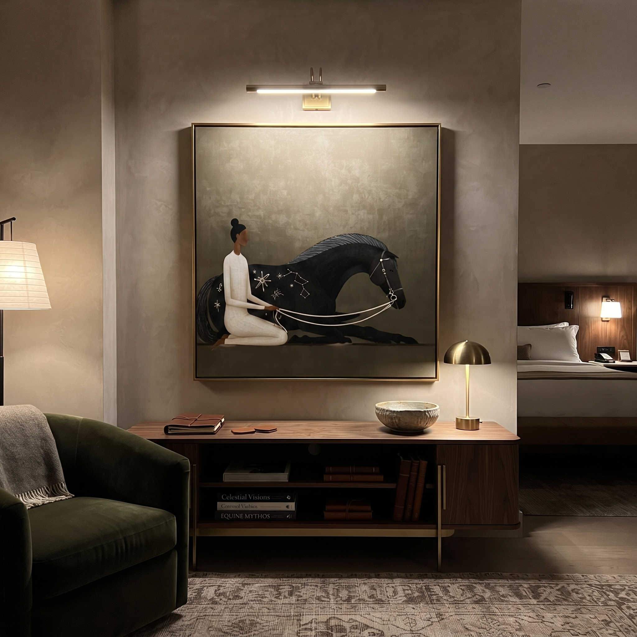 Constellations Rest on Black - black horse woman painting by Isabelle Laurent, modern Western square wall art – styled room scene view 4
