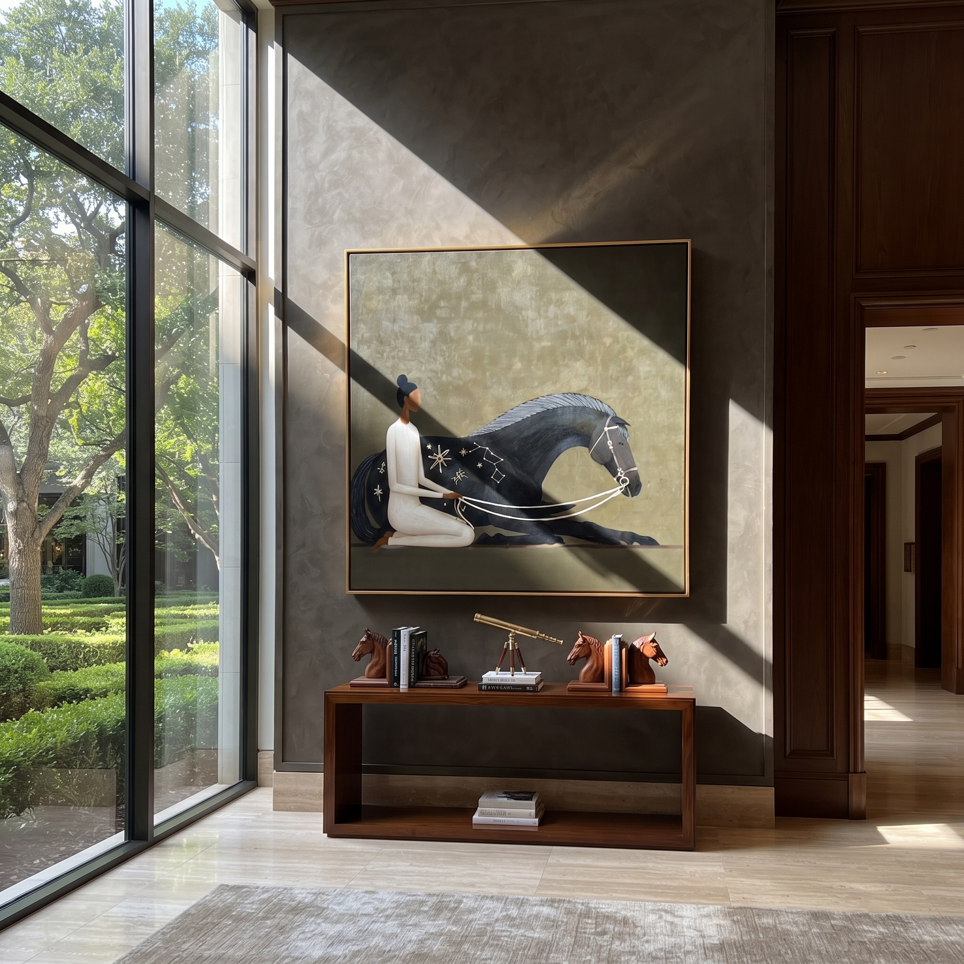 Constellations Rest on Black - black horse woman painting by Isabelle Laurent, modern Western square wall art – styled room scene view 5