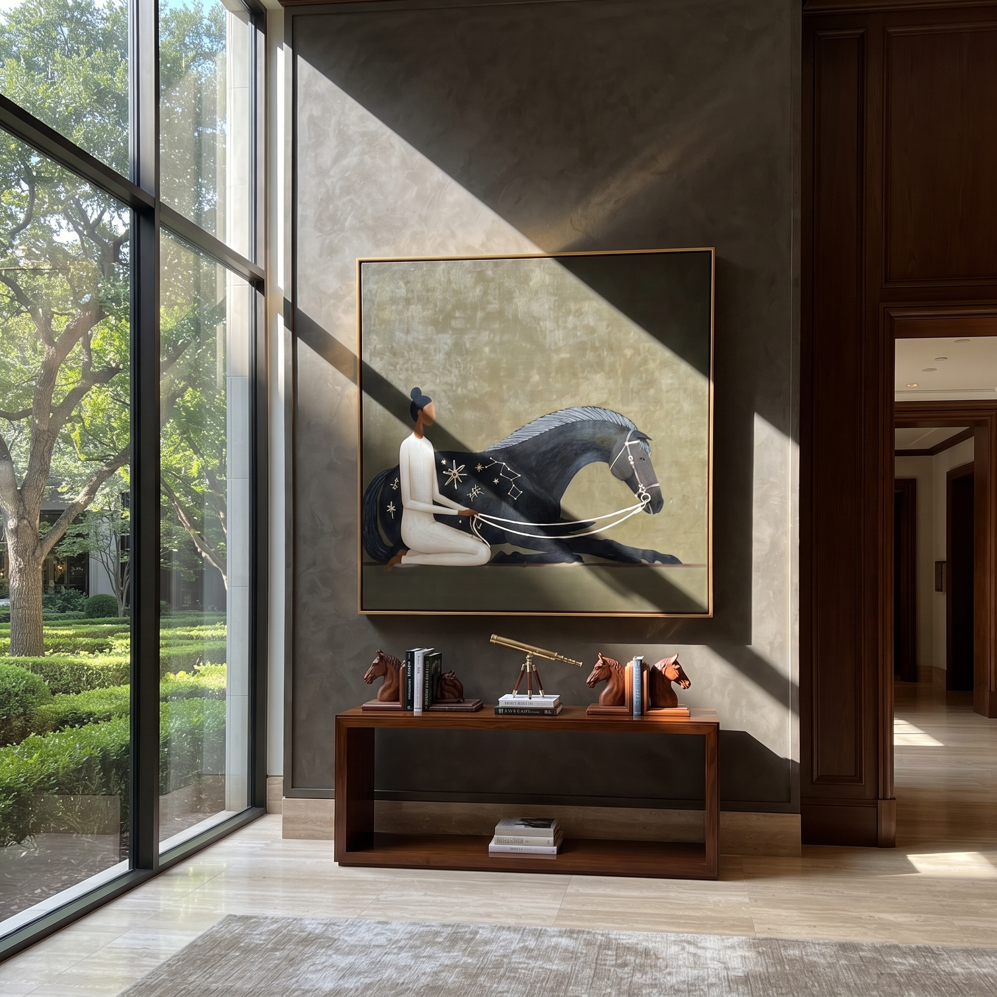 Constellations Rest on Black - black horse woman painting by Isabelle Laurent, modern Western square wall art – styled room scene view 5