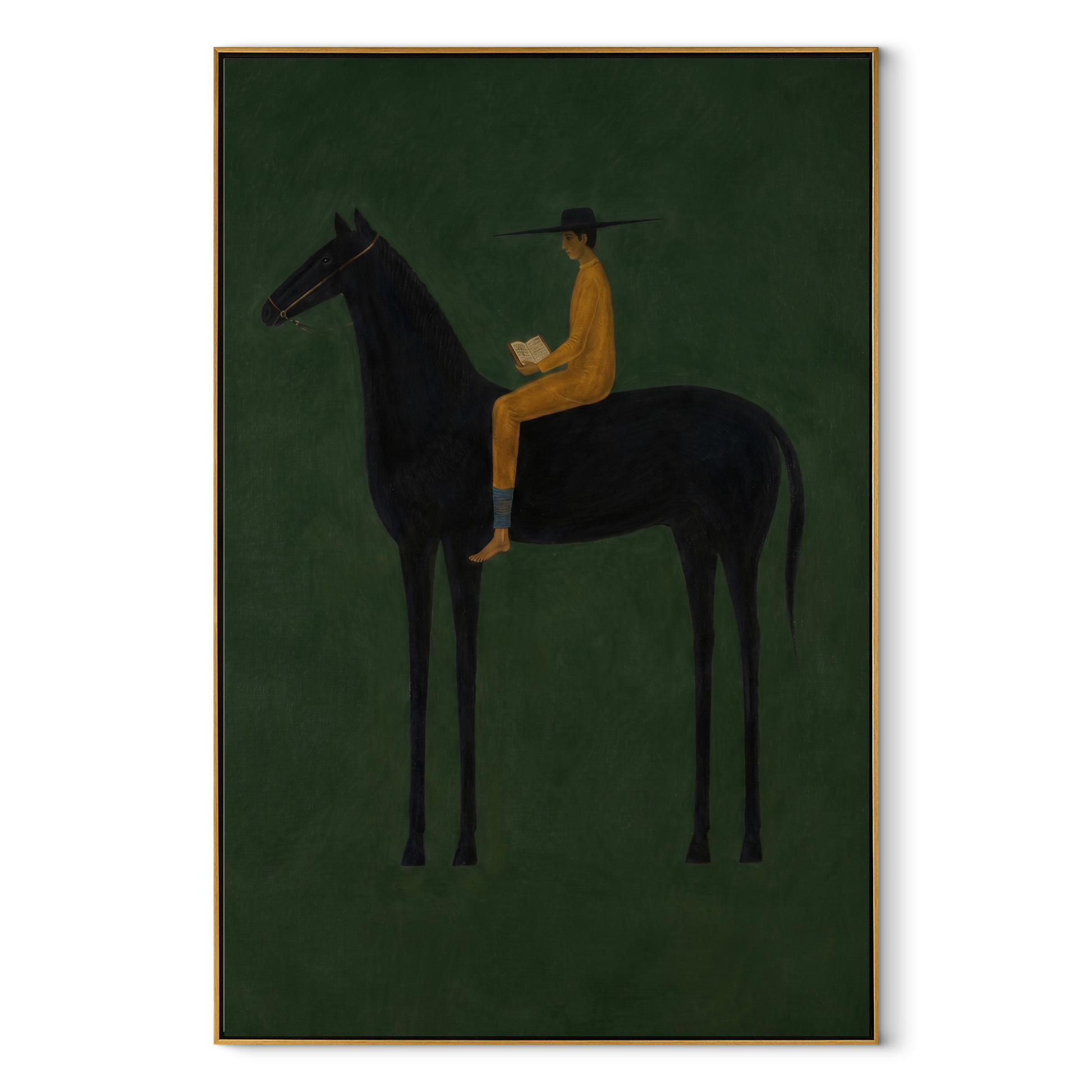 Mustard Reader Rides Green - black horse reader painting by Isabelle Laurent, modern Western vertical wall art – wood frame on white background