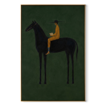 Mustard Reader Rides Green - black horse reader painting by Isabelle Laurent, modern Western vertical wall art – wood frame on white background