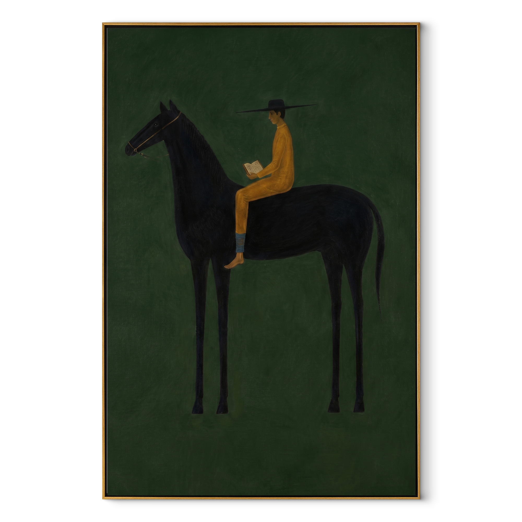 Mustard Reader Rides Green - black horse reader painting by Isabelle Laurent, modern Western vertical wall art – wood frame on white background
