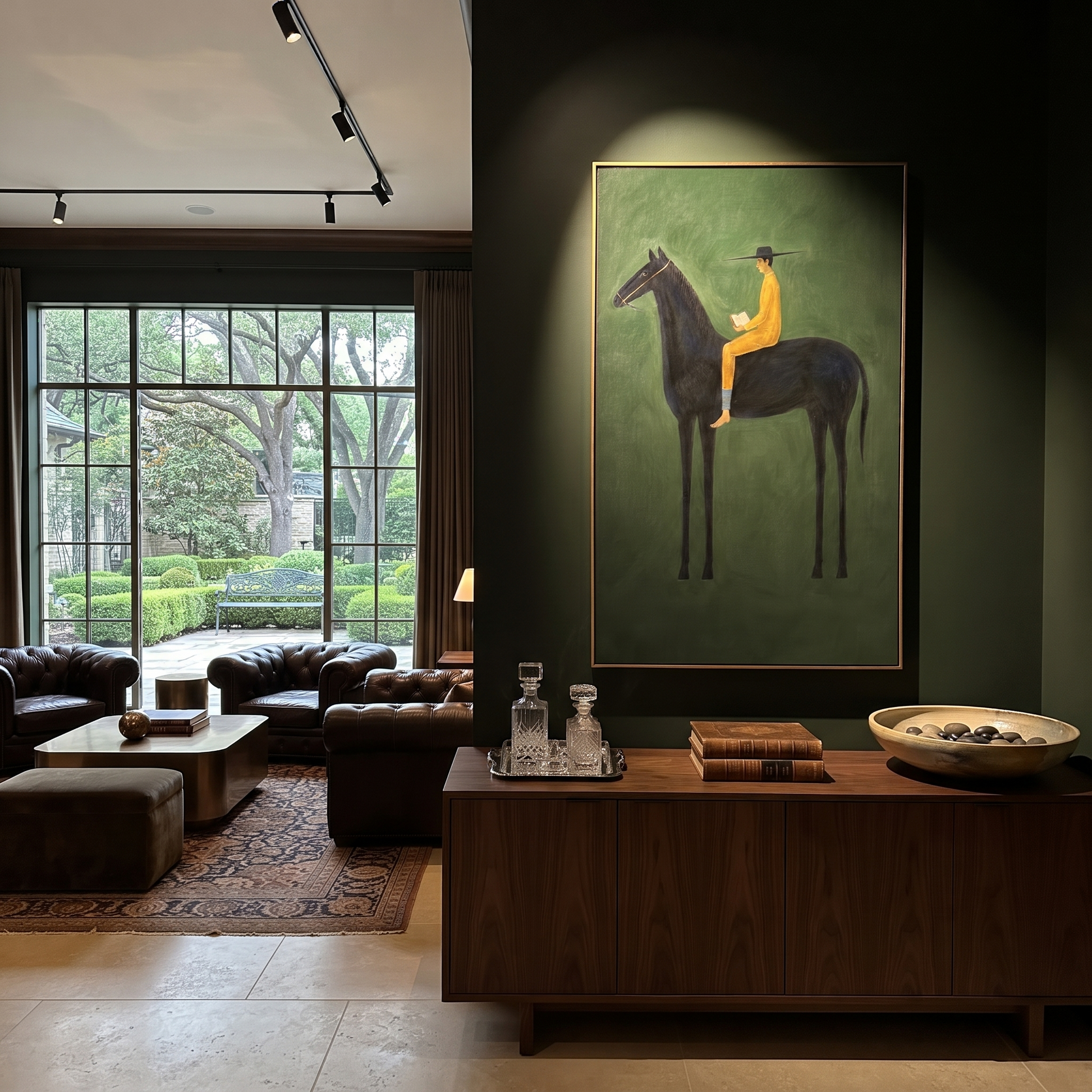 Mustard Reader Rides Green - black horse reader painting by Isabelle Laurent, modern Western vertical wall art – styled room scene view 3