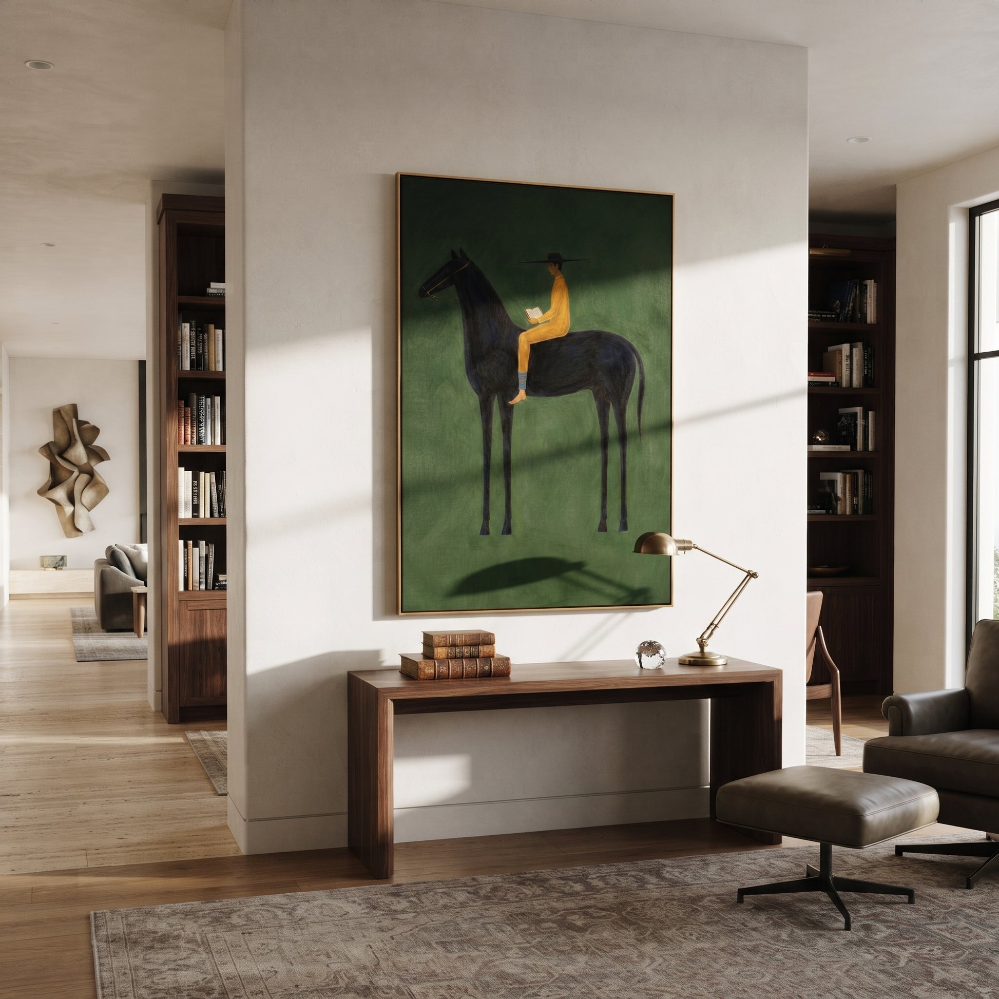 Mustard Reader Rides Green - black horse reader painting by Isabelle Laurent, modern Western vertical wall art – styled room scene view 4