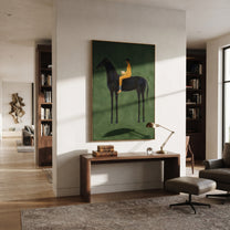 Mustard Reader Rides Green - black horse reader painting by Isabelle Laurent, modern Western vertical wall art – styled room scene view 4