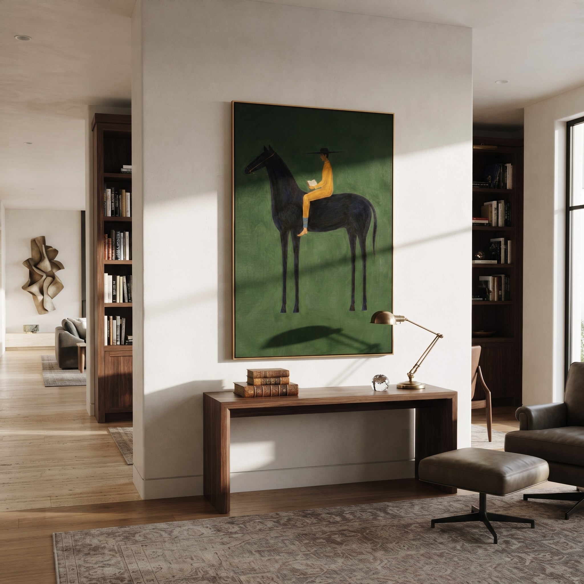 Mustard Reader Rides Green - black horse reader painting by Isabelle Laurent, modern Western vertical wall art – styled room scene view 4