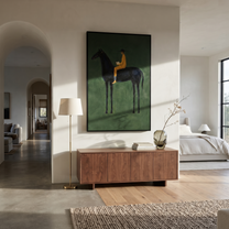 Mustard Reader Rides Green - black horse reader painting by Isabelle Laurent, modern Western vertical wall art – styled room scene view 5