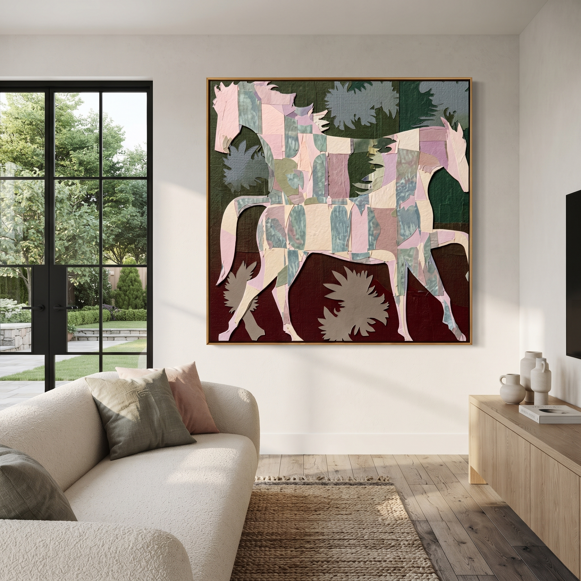 Patchwork Horses Cross Garden - three horse patchwork painting by Isabelle Laurent, modern Western square wall art – styled room scene view 1