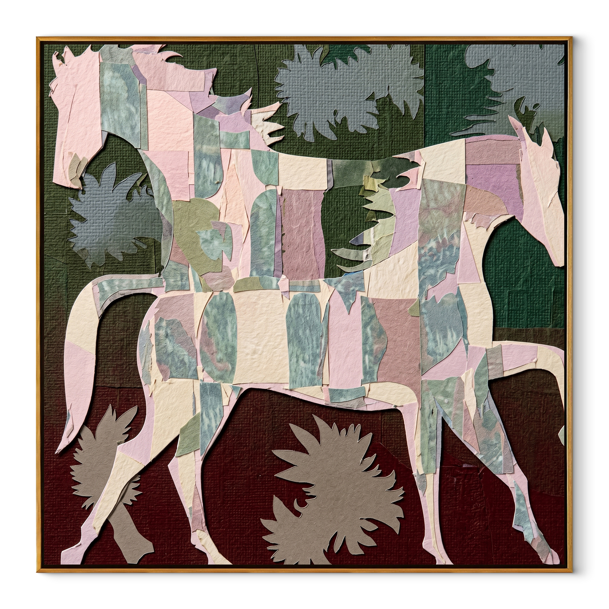 Patchwork Horses Cross Garden - three horse patchwork painting by Isabelle Laurent, modern Western square wall art – wood frame on white background