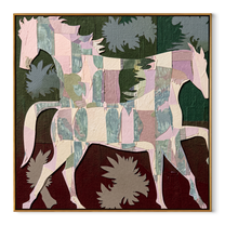 Patchwork Horses Cross Garden - three horse patchwork painting by Isabelle Laurent, modern Western square wall art – wood frame on white background